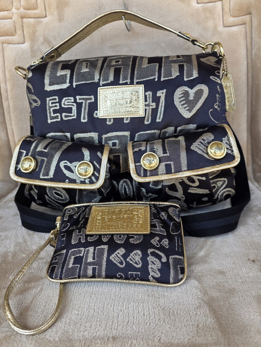 RARE Coach Poppy Graffiti Satchel Bag & Wristlet Set Black Gold 15304 Y2K 2pc